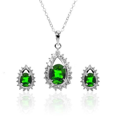 Sterling Silver Rhodium Plated Green Teardrop Cluster CZ Stud Matching Set