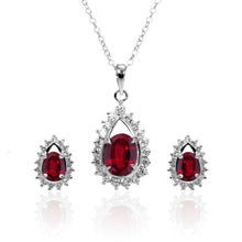 Load image into Gallery viewer, Sterling Silver Rhodium Plated Red Teardrop Cluster CZ Stud Matching Set
