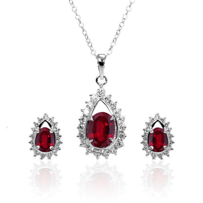 Sterling Silver Rhodium Plated Red Teardrop Cluster CZ Stud Matching Set