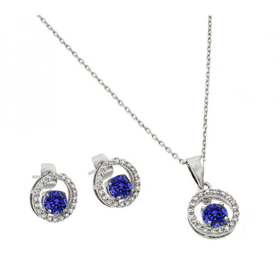 Sterling Silver Rhodium Plated Blue Round Open Circle CZ Matching Set