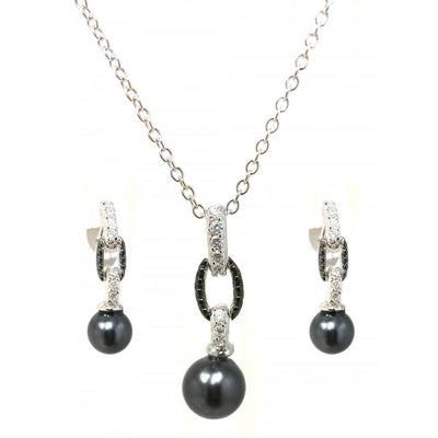 Sterling Silver Rhodium and Black Rhodium Plated Black Pearl Clear CZ Dangling Set