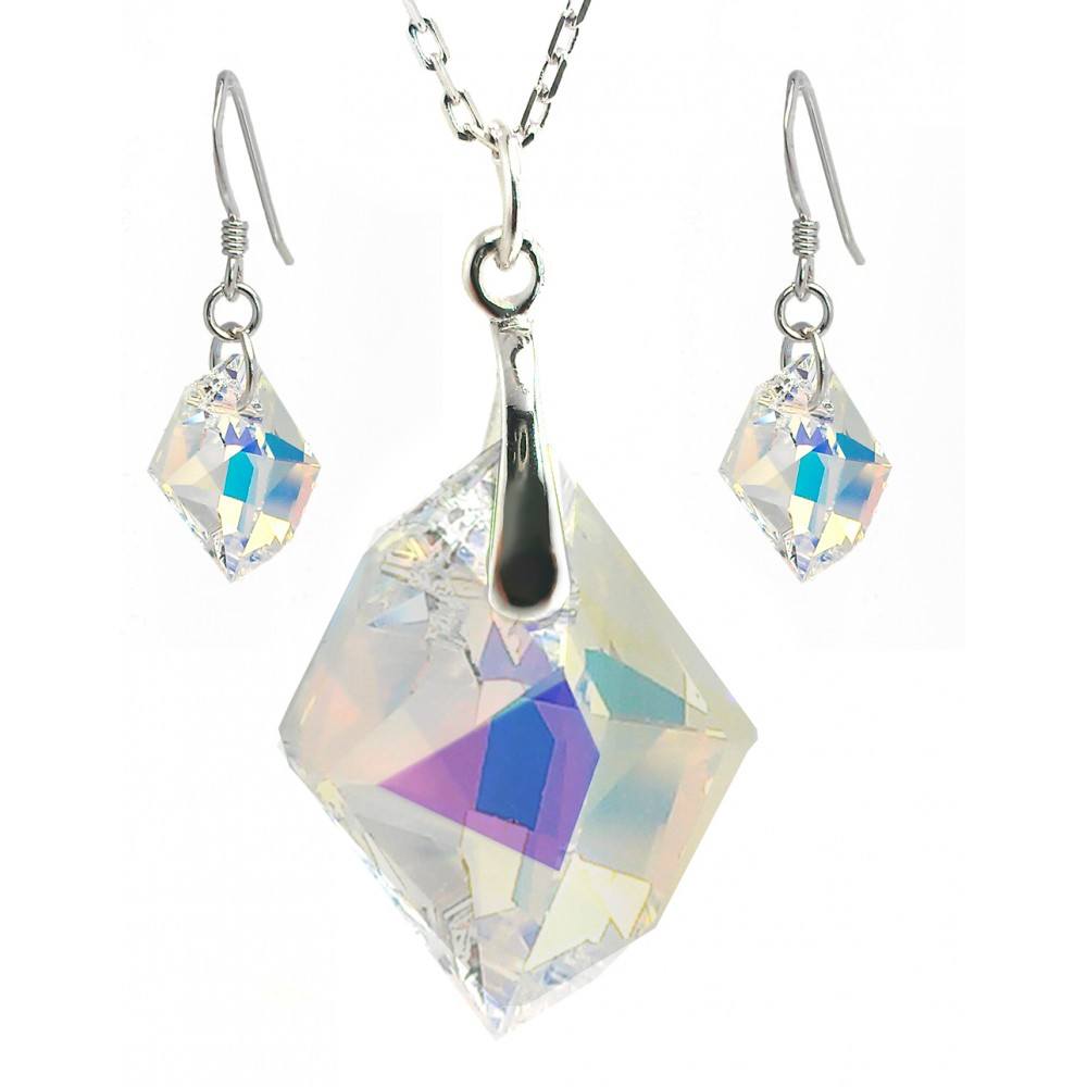 Sterling Silver Rhodium Plated Colorful CZ Hook Earring and Dangling Necklace Set