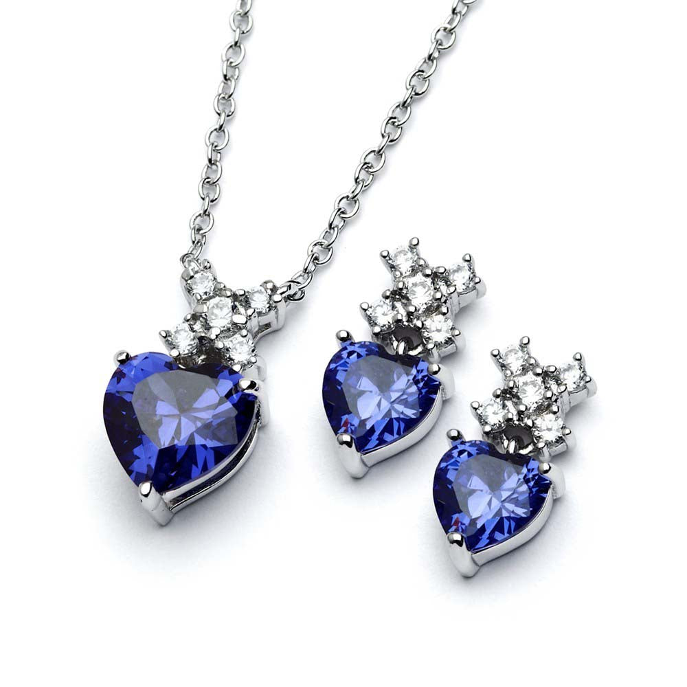 Sterling Silver Rhodium Plated Clear Round Blue Heart CZ Stud Set