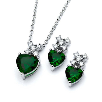 Sterling Silver Rhodium Plated Clear Round Green Heart CZ Stud Set