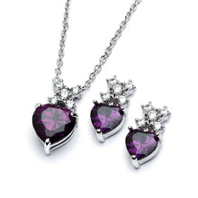 Load image into Gallery viewer, Sterling Silver Rhodium Plated Clear Round Purple Heart CZ Stud Earring and Necklace Set