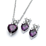 Sterling Silver Rhodium Plated Clear Round Purple Heart CZ Stud Earring and Necklace Set