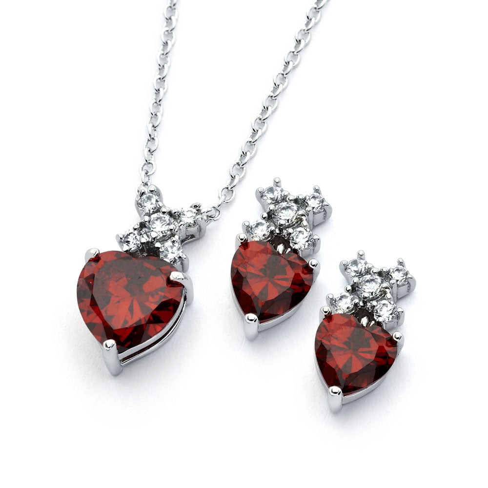 Sterling Silver Rhodium Plated Clear Round Red Heart CZ Stud Earring and Necklace Set