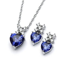Load image into Gallery viewer, Sterling Silver Rhodium Plated Clear Round Blue Heart CZ Stud Earring and Necklace Set
