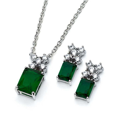 Sterling Silver Rhodium Plated Green Rectangle CZ Stud Matching Set