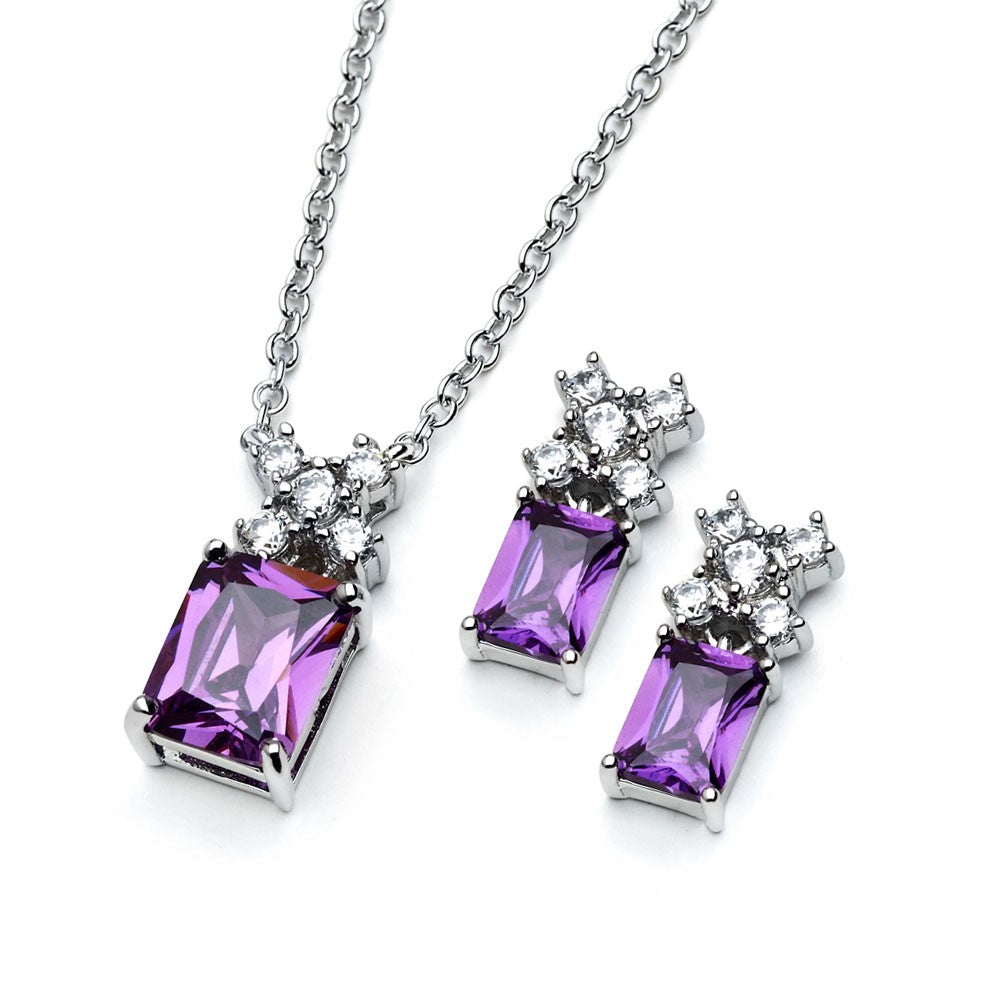 Sterling Silver Rhodium Plated Clear Round Purple Rectangle CZ Stud Earring and Necklace Set