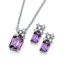 Load image into Gallery viewer, Sterling Silver Rhodium Plated Clear Round Purple Rectangle CZ Stud Earring and Necklace Set