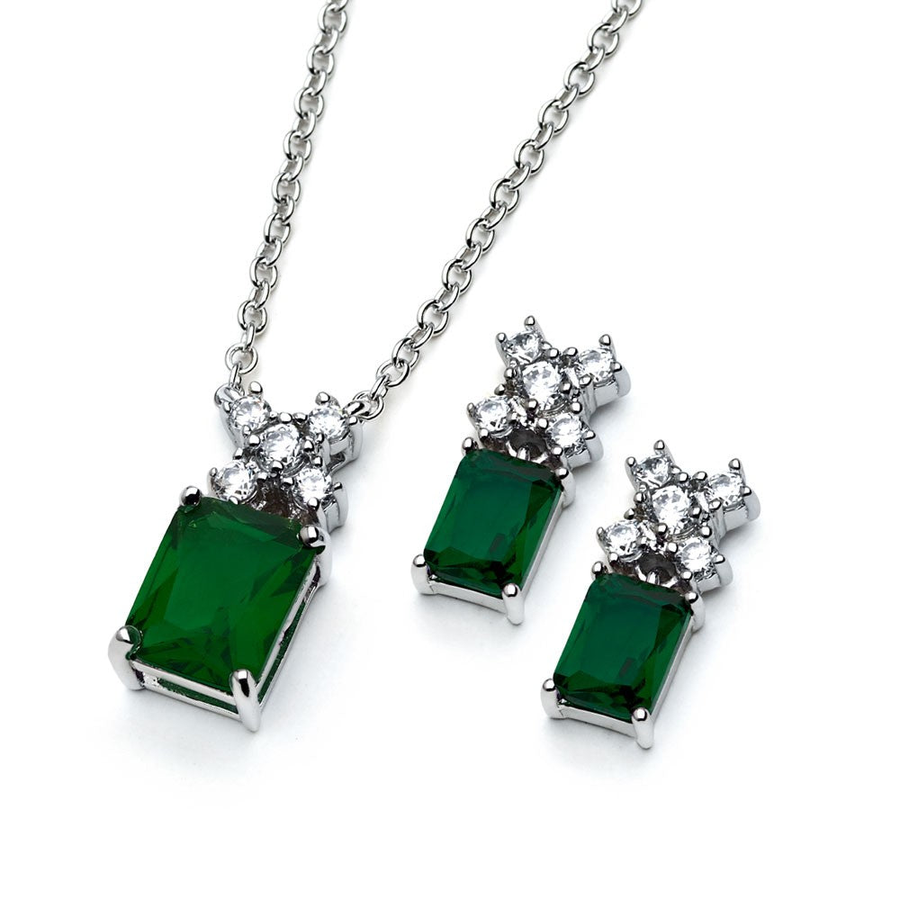 Sterling Silver Rhodium Plated Clear Round Green Rectangle CZ Stud Earring and Necklace Set