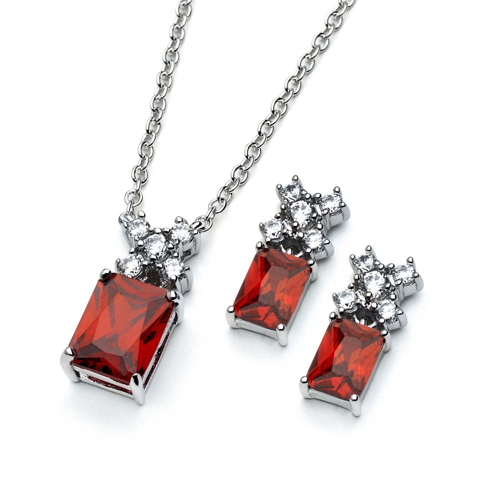 Sterling Silver Rhodium Plated Clear Round Red Rectangle CZ Stud Earring and Necklace Set
