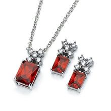 Load image into Gallery viewer, Sterling Silver Rhodium Plated Clear Round Red Rectangle CZ Stud Earring and Necklace Set