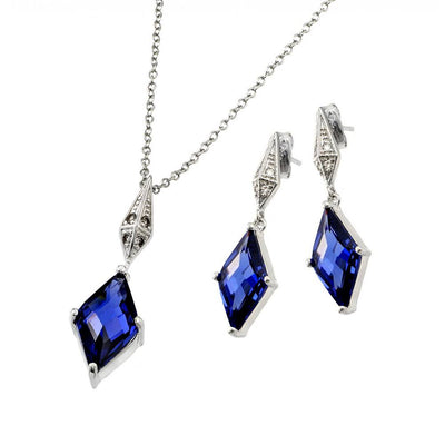Sterling Silver Rhodium Plated Clear Inlay Blue Diamond Shaped CZ Dangling Stud Earring and Dangling Necklace Set