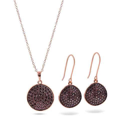 Sterling Silver Rose Gold Plated Disc CZ Set pendant Width-17mm, Earrings Width-14.2mm, Chain Length-16-18inch