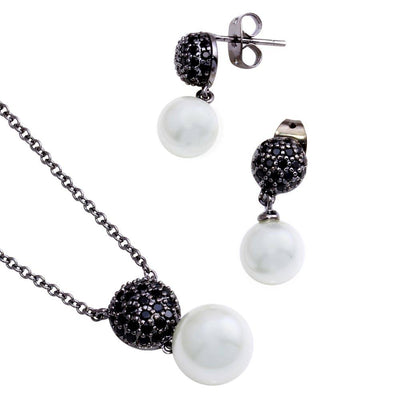 Sterling Silver Oxidized Rhodium Plated Black Pearl Drop CZ Dangling Set