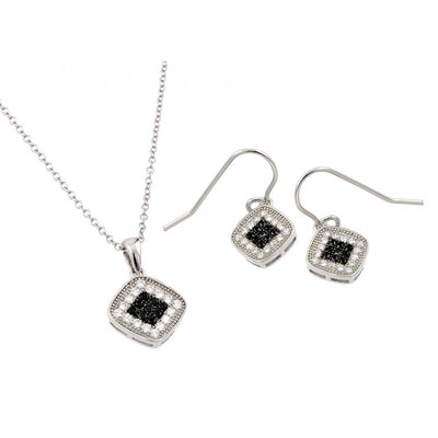 Sterling Silver Rhodium And Black Rhodium Plated Black And Clear CZ Set