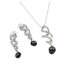 Load image into Gallery viewer, Sterling Silver Rhodium Plated Gray Pearl Drop Clear Inlay Twist CZ Hanging Set