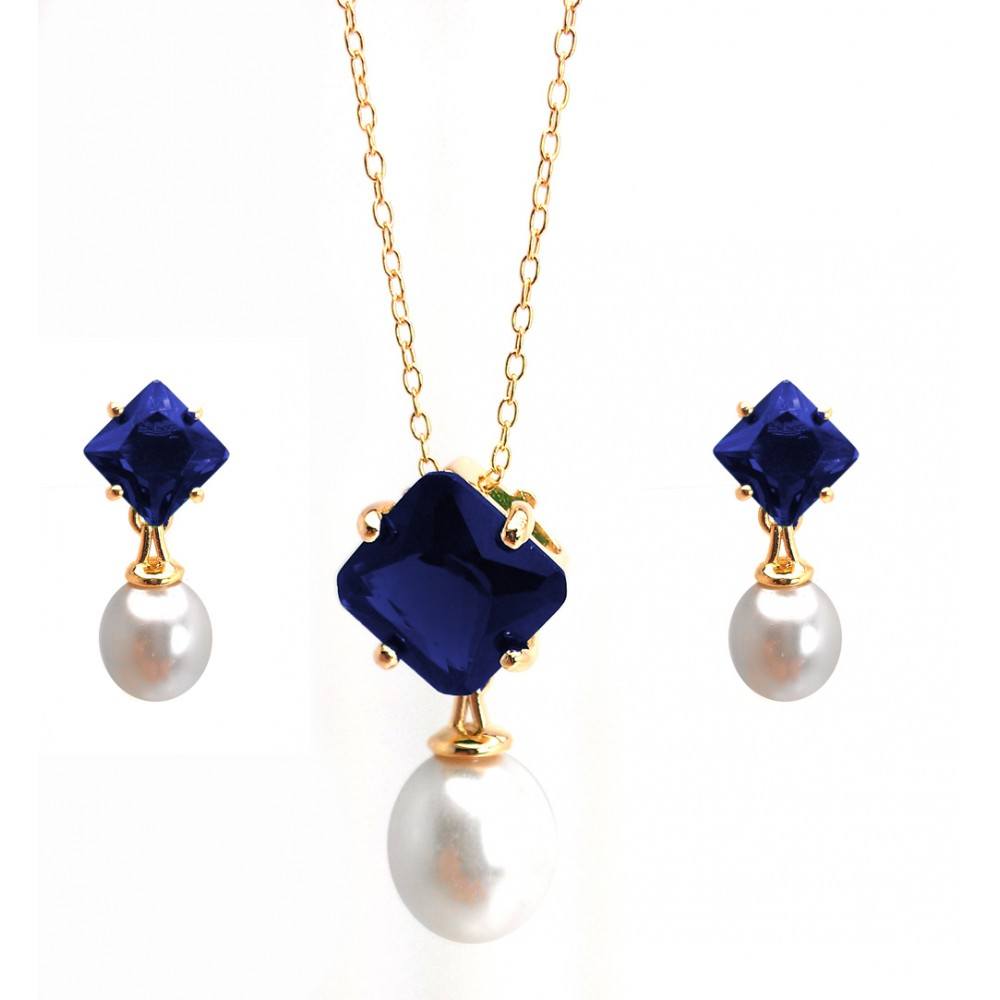 Sterling Silver Gold Plated Pearl Drop Diamond Shaped Blue CZ Dangling Stud Earring and Dangling Necklace Set