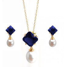 Load image into Gallery viewer, Sterling Silver Gold Plated Pearl Drop Diamond Shaped Blue CZ Dangling Stud Earring and Dangling Necklace Set