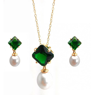 Sterling Silver Gold Plated Pearl Drop Diamond Shaped Green CZ Dangling Stud Earring and Dangling Necklace Set