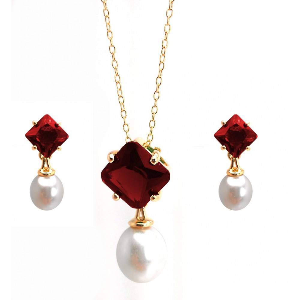 Sterling Silver Gold Plated Pearl Drop Diamond Shaped Red CZ Dangling Stud Earring and Dangling Necklace Set