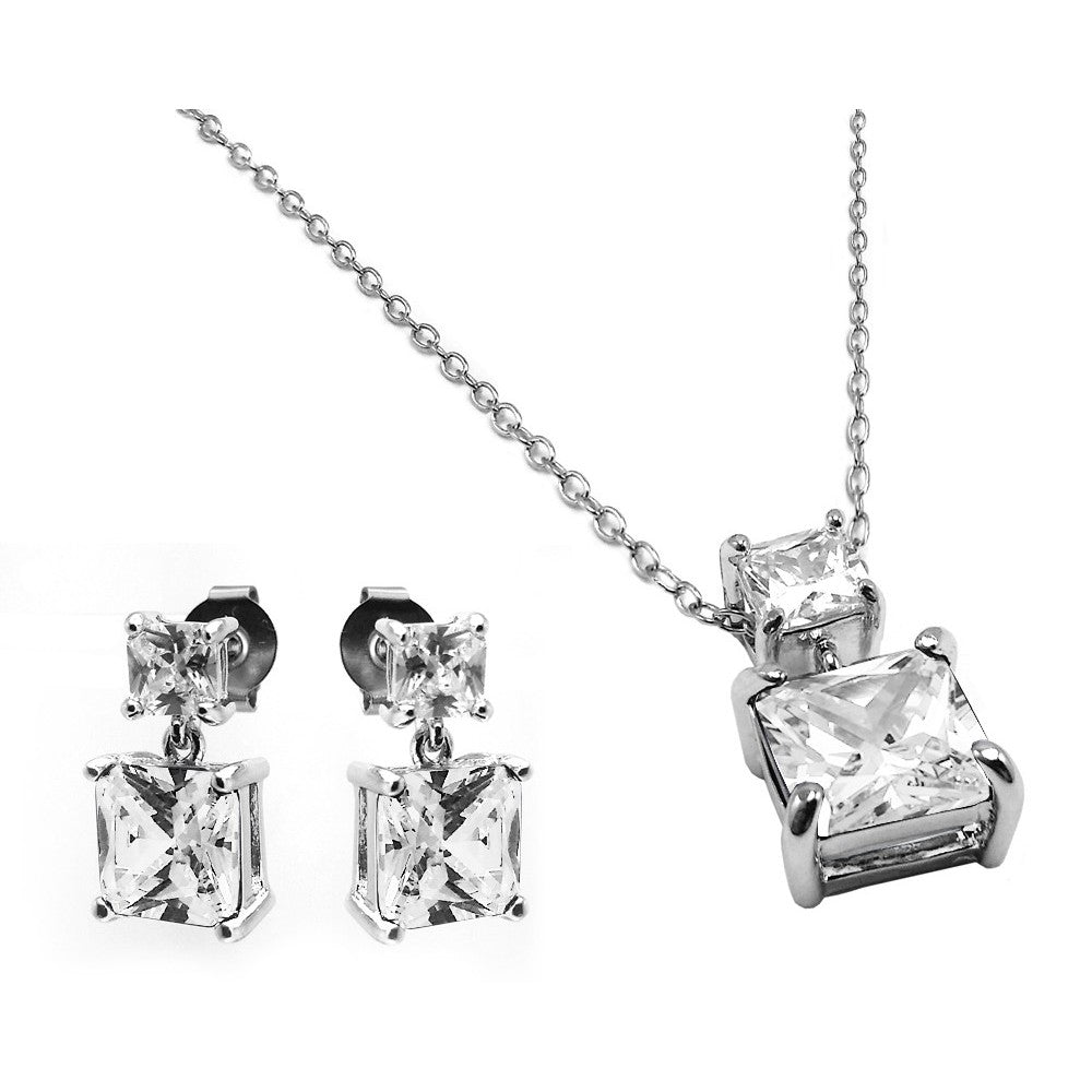 Sterling Silver Rhodium Plated Square Birthstone CZ Hanging Set-Apr