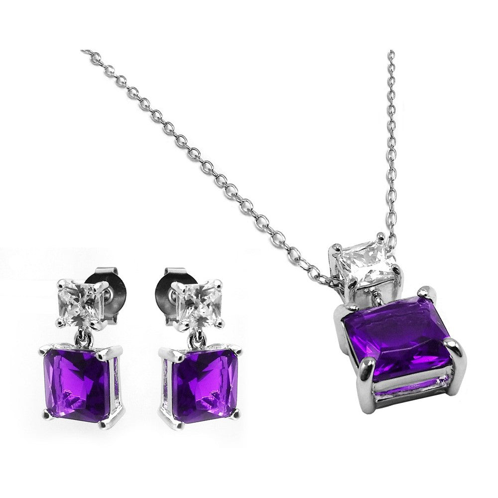 Sterling Silver Rhodium Plated Square Birthstone CZ Hanging Set-Feb