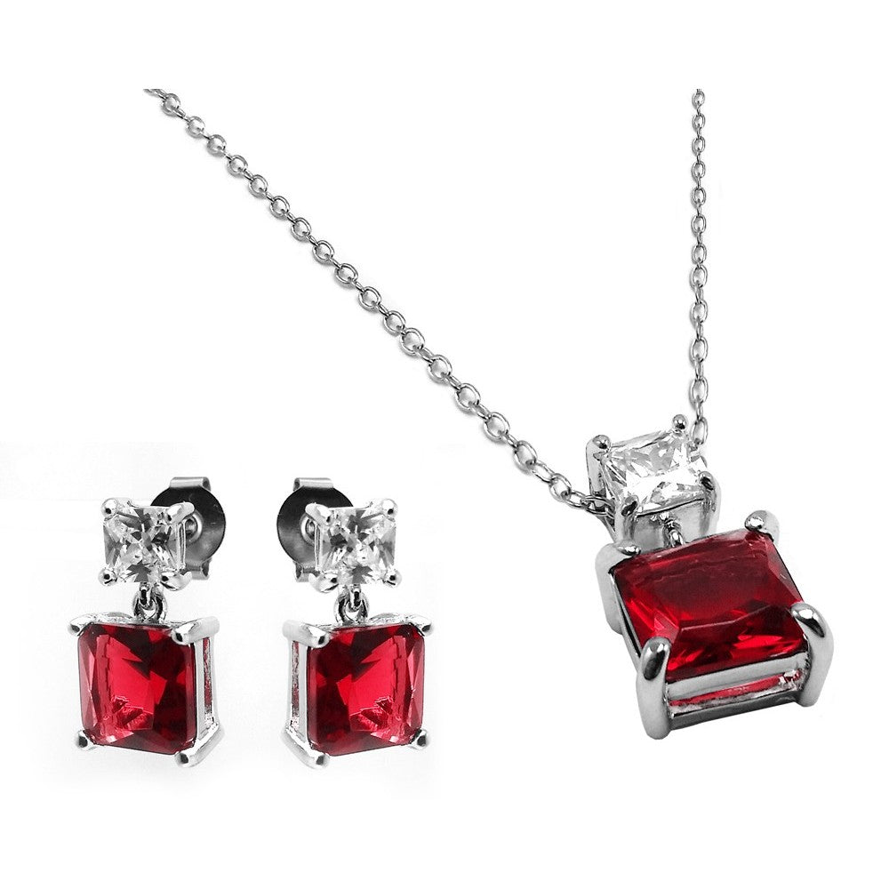 Sterling Silver Rhodium Plated Square Birthstone CZ Hanging Set-Jul