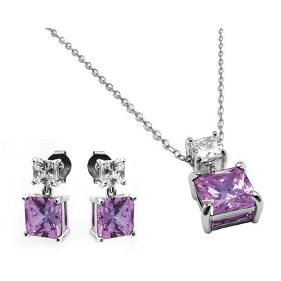 Sterling Silver Rhodium Plated Square Birthstone CZ Hanging Set-Jun