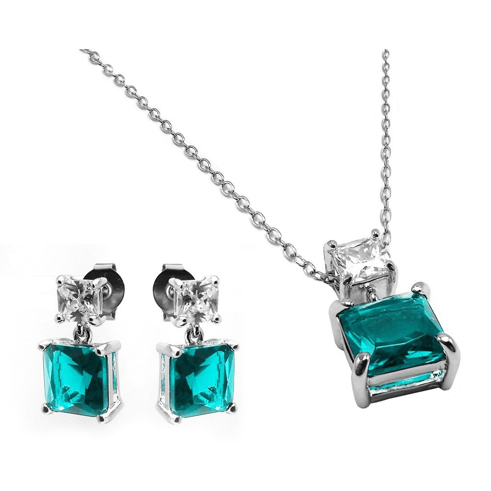 Sterling Silver Rhodium Plated Square Birthstone CZ Hanging Set-Mar
