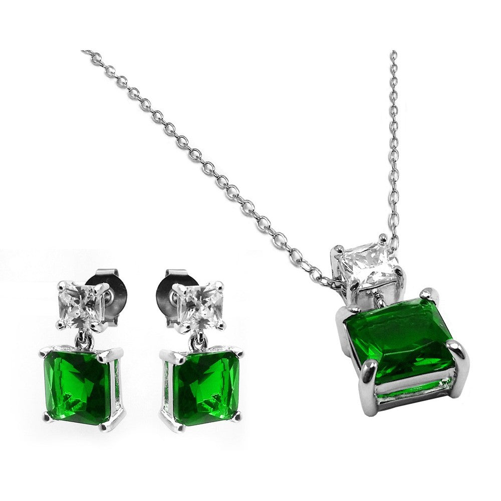 Sterling Silver Rhodium Plated Square Birthstone CZ Hanging Set-May