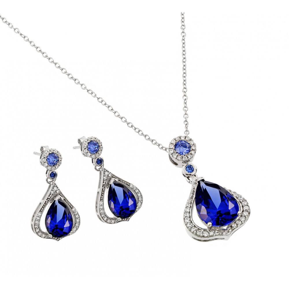 Sterling Silver Rhodium Plated Clear and Blue Teardrop CZ Dangling Stud Earring and Dangling Necklace Set