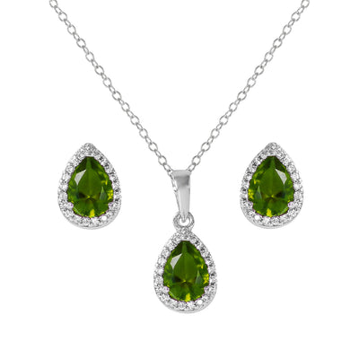 Sterling Silver Rhodium Plated Pear Birthstone Set-Aug