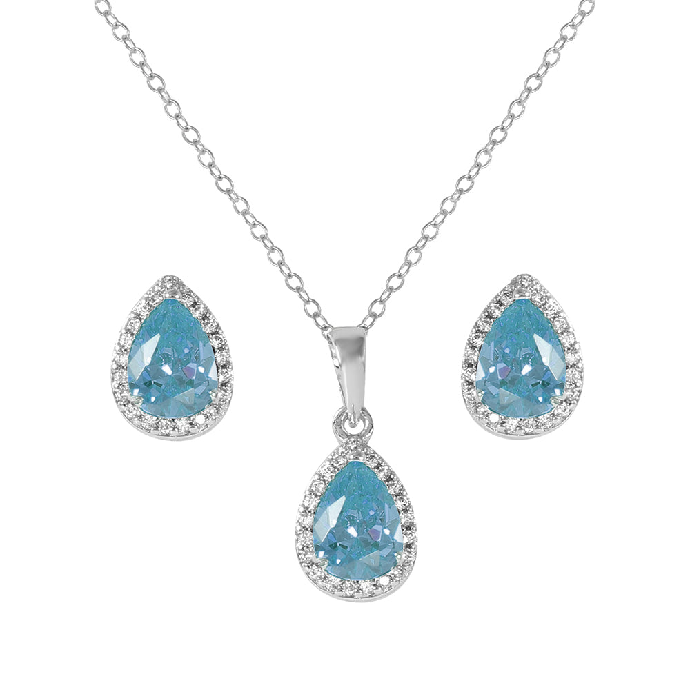 Sterling Silver Rhodium Plated Pear Birthstone Set-Mar