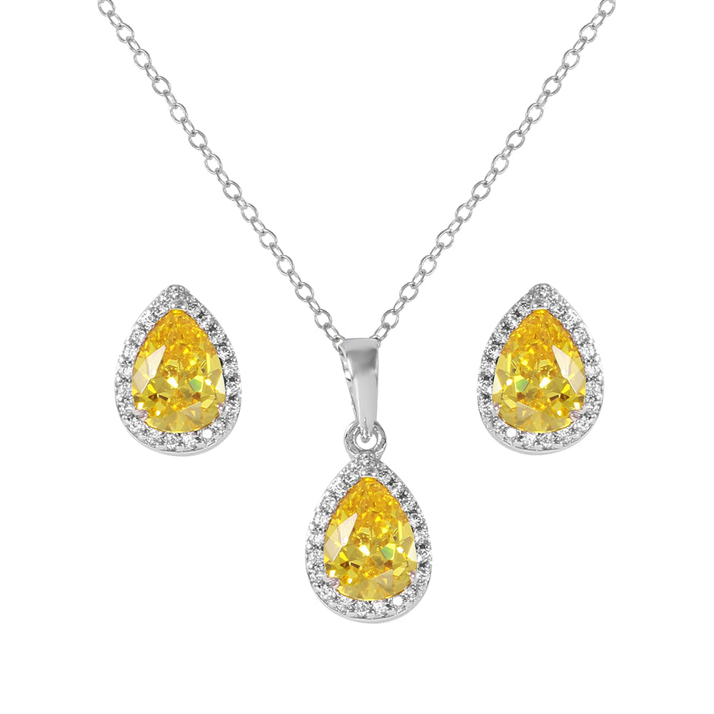 Sterling Silver Rhodium Plated Pear Birthstone Set-Nov
