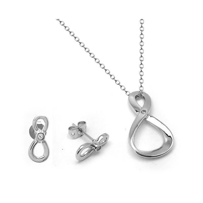 Sterling Silver Rhodium Plated Figure 8 Infinity Single Set Clear CZ Stud Earring and Necklace Set