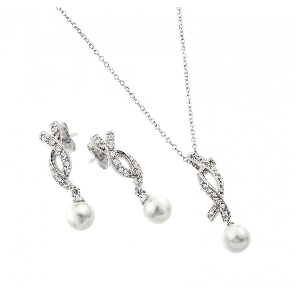 Sterling Silver Rhodium Plated Pearl Drop Overlapping Ribbon CZ Hanging Stud Earring and Hanging Necklace Set With CZ  Stones