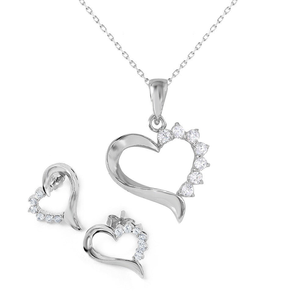 Sterling Silver Rhodium Plated Heart CZ Set