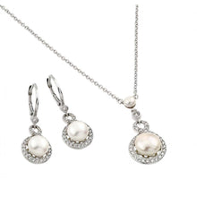 Load image into Gallery viewer, Sterling Silver Rhodium Plated Halo Fresh Water Pearl Center Leverback Earring Necklace Set With CZ  Stones