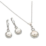 Sterling Silver Rhodium Plated Halo Fresh Water Pearl Center Leverback Earring Necklace Set With CZ  Stones
