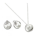 Sterling Silver Rhodium Plated Pearl Winding Wrap Single Clear CZ Stud Earring and Necklace Set With CZ  Stones