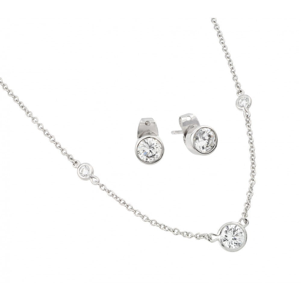 Sterling Silver Rhodium Plated Clear Individual CZ Stud Earring and Chain Necklace Set