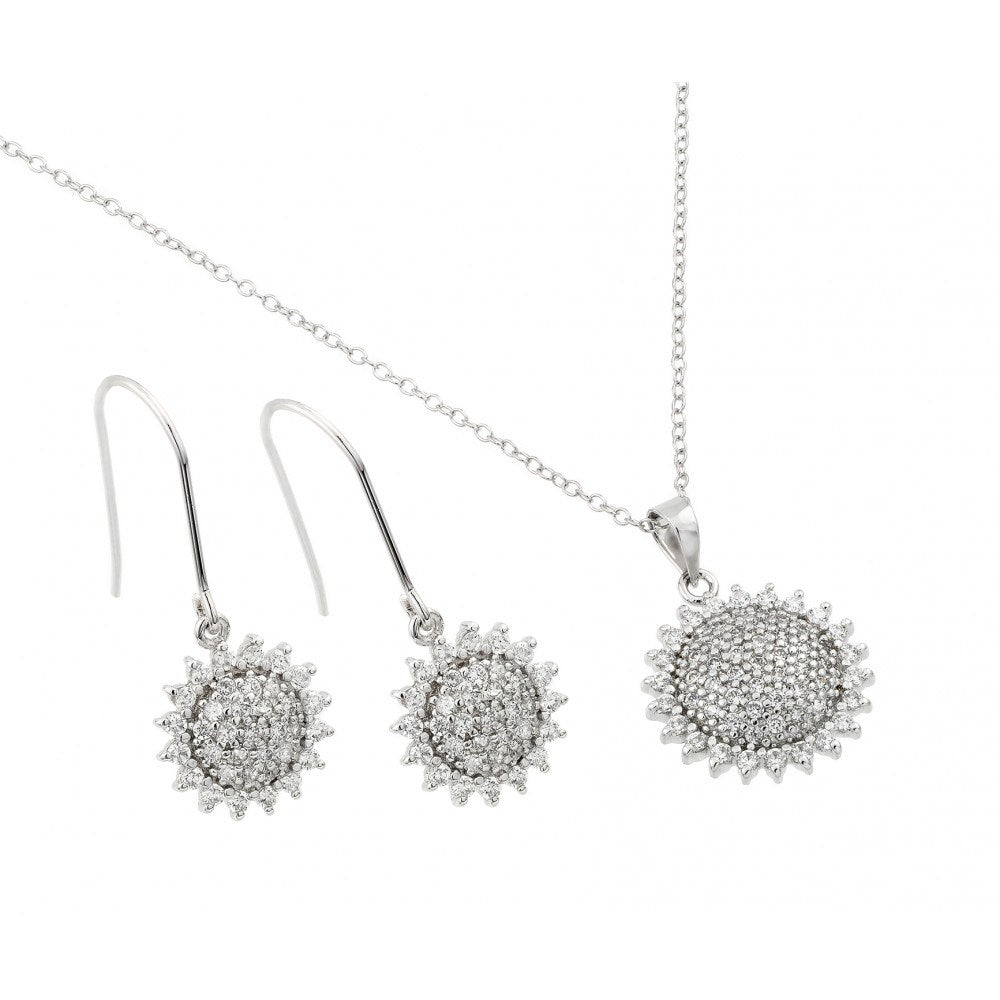 Sterling Silver Rhodium Plated Clear Pave Set Sun CZ Hook Earring and Necklace Set