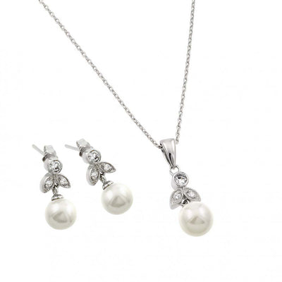 Sterling Silver Rhodium Plated Pearl Flower Set With CZ  Stones
