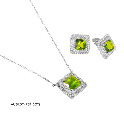 Sterling Silver Rhodium Plated Square CZ Cluster Birthstone Set-Aug