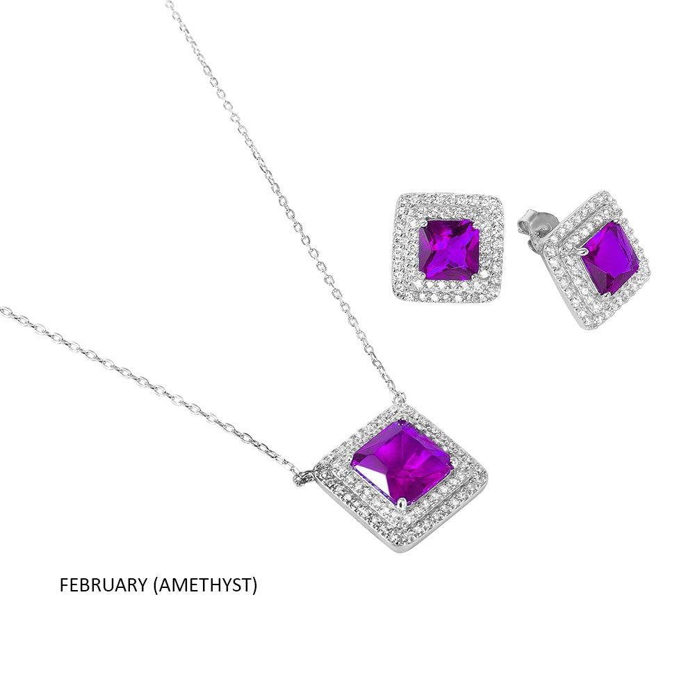 Sterling Silver Rhodium Plated Square CZ Cluster Birthstone Set-Feb