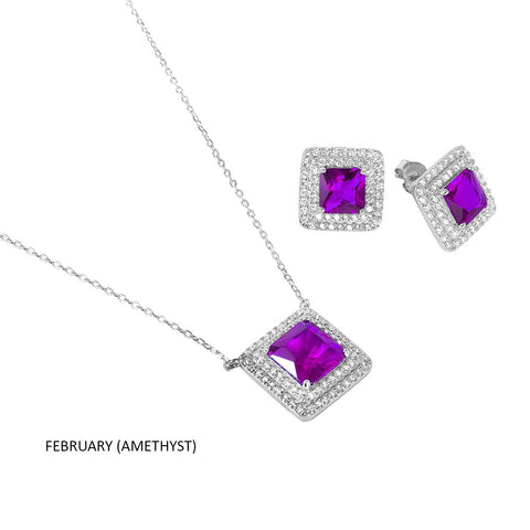 Sterling Silver Rhodium Plated Square CZ Cluster Birthstone Set-Feb