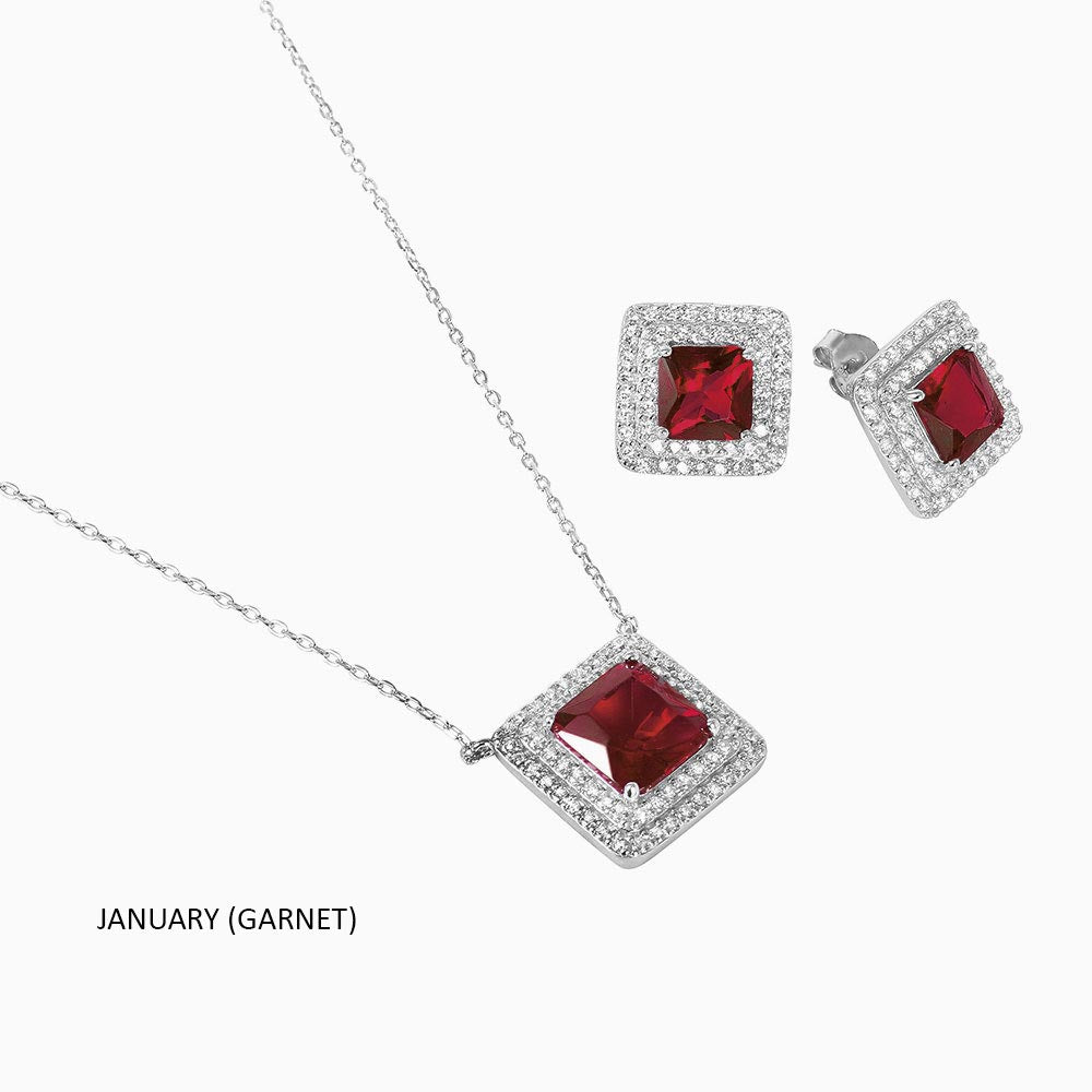 Sterling Silver Rhodium Plated Square CZ Cluster Birthstone Set-Jan